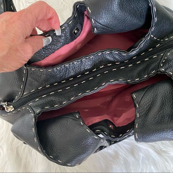 Donald J Pliner Black Leather Dual Top Handle Shoulder Tote Bag Purse - Picture 7 of 14